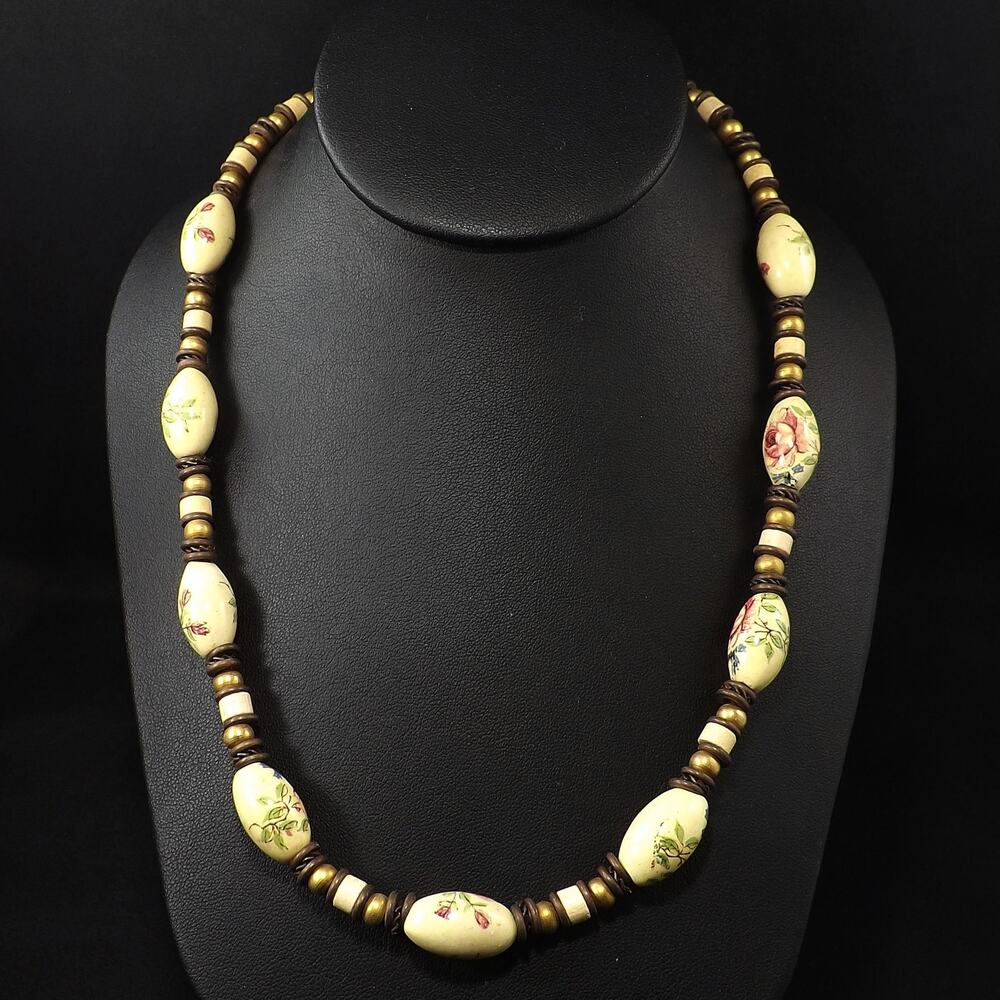 Vintage Porcelain Artisan Necklace, Floral Beads Leather, 1970s Vintage Jewelry